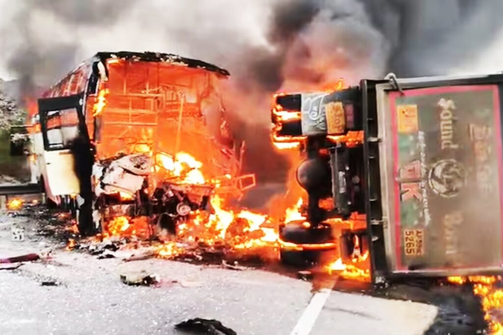 Bus Collided With Lorry And Caught Fire In Andhra Pradesh, many died